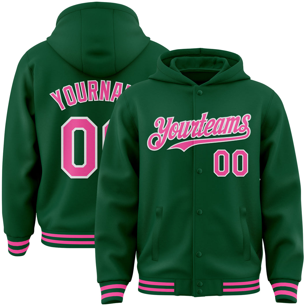 Custom Kelly Green Pink-White Bomber Full-Snap Varsity Letterman Hoodie Jacket