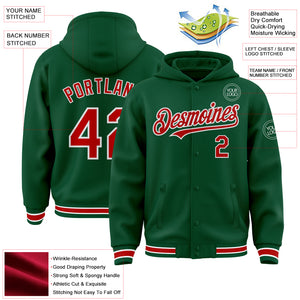 Custom Kelly Green Red-White Bomber Full-Snap Varsity Letterman Hoodie Jacket