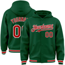 Charger l&#39;image dans la galerie, Custom Kelly Green Red-White Bomber Full-Snap Varsity Letterman Hoodie Jacket
