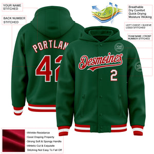 Custom Kelly Green Red-White Bomber Full-Snap Varsity Letterman Hoodie Jacket