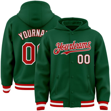 Custom Kelly Green Red-White Bomber Full-Snap Varsity Letterman Hoodie Jacket