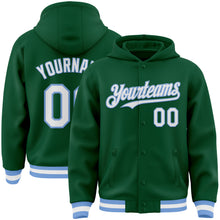 Загрузить изображение в средство просмотра галереи, Custom Kelly Green White-Light Blue Bomber Full-Snap Varsity Letterman Hoodie Jacket
