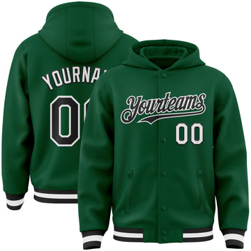 Custom Kelly Green Black-White Bomber Full-Snap Varsity Letterman Hoodie Jacket