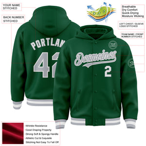 Custom Kelly Green Gray-White Bomber Full-Snap Varsity Letterman Hoodie Jacket