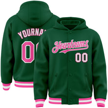 Charger l&#39;image dans la galerie, Custom Kelly Green Pink-White Bomber Full-Snap Varsity Letterman Hoodie Jacket
