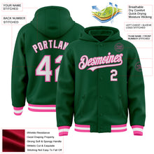 Загрузить изображение в средство просмотра галереи, Custom Kelly Green White-Pink Bomber Full-Snap Varsity Letterman Hoodie Jacket
