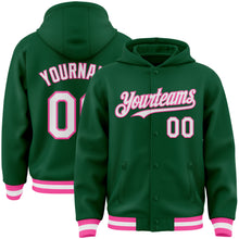 Charger l&#39;image dans la galerie, Custom Kelly Green White-Pink Bomber Full-Snap Varsity Letterman Hoodie Jacket
