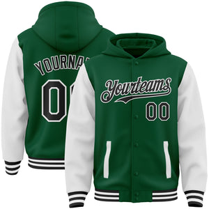 Custom Kelly Green Black-White Bomber Full-Snap Varsity Letterman Two Tone Hoodie Jacket