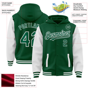 Custom Kelly Green White Bomber Full-Snap Varsity Letterman Two Tone Hoodie Jacket