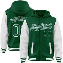 Laden Sie das Bild in den Galerie-Viewer, Custom Kelly Green White Bomber Full-Snap Varsity Letterman Two Tone Hoodie Jacket
