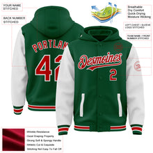 Charger l&#39;image dans la galerie, Custom Kelly Green Red-White Bomber Full-Snap Varsity Letterman Two Tone Hoodie Jacket
