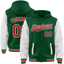 Charger l&#39;image dans la galerie, Custom Kelly Green Red-White Bomber Full-Snap Varsity Letterman Two Tone Hoodie Jacket
