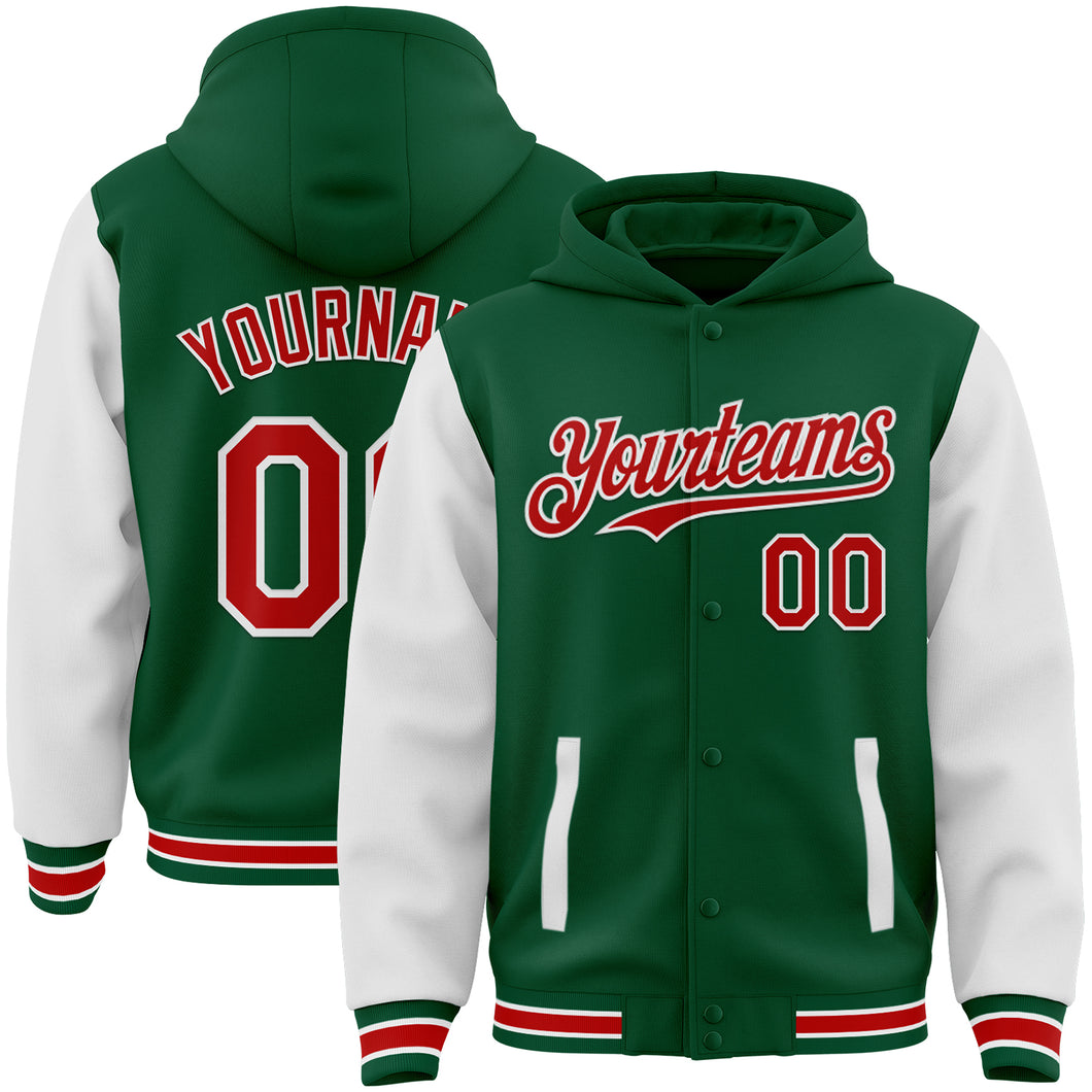 Custom Kelly Green Red-White Bomber Full-Snap Varsity Letterman Two Tone Hoodie Jacket