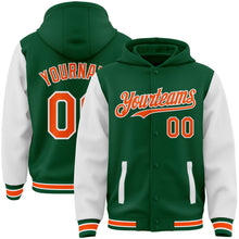 Charger l&#39;image dans la galerie, Custom Kelly Green Orange-White Bomber Full-Snap Varsity Letterman Two Tone Hoodie Jacket
