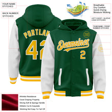 Charger l&#39;image dans la galerie, Custom Kelly Green Gold-White Bomber Full-Snap Varsity Letterman Two Tone Hoodie Jacket
