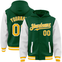 Charger l&#39;image dans la galerie, Custom Kelly Green Gold-White Bomber Full-Snap Varsity Letterman Two Tone Hoodie Jacket
