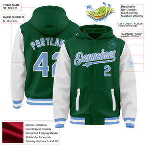 Custom Kelly Green Light Blue-White Bomber Full-Snap Varsity Letterman Two Tone Hoodie Jacket