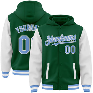 Custom Kelly Green Light Blue-White Bomber Full-Snap Varsity Letterman Two Tone Hoodie Jacket