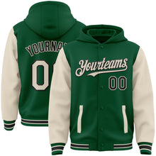 Загрузить изображение в средство просмотра галереи, Custom Kelly Green Cream-Black Bomber Full-Snap Varsity Letterman Two Tone Hoodie Jacket
