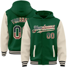 Charger l&#39;image dans la galerie, Custom Kelly Green Vintage USA Flag Cream-Black Bomber Full-Snap Varsity Letterman Two Tone Hoodie Jacket
