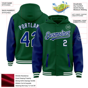 Custom Kelly Green Royal-White Bomber Full-Snap Varsity Letterman Two Tone Hoodie Jacket