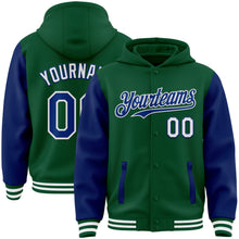 Charger l&#39;image dans la galerie, Custom Kelly Green Royal-White Bomber Full-Snap Varsity Letterman Two Tone Hoodie Jacket
