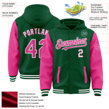 Charger l&#39;image dans la galerie, Custom Kelly Green Pink-White Bomber Full-Snap Varsity Letterman Two Tone Hoodie Jacket
