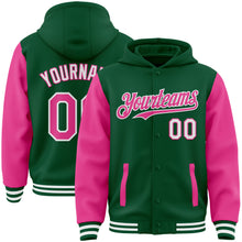 Charger l&#39;image dans la galerie, Custom Kelly Green Pink-White Bomber Full-Snap Varsity Letterman Two Tone Hoodie Jacket
