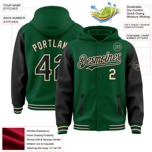 Custom Kelly Green Black-Cream Bomber Full-Snap Varsity Letterman Two Tone Hoodie Jacket