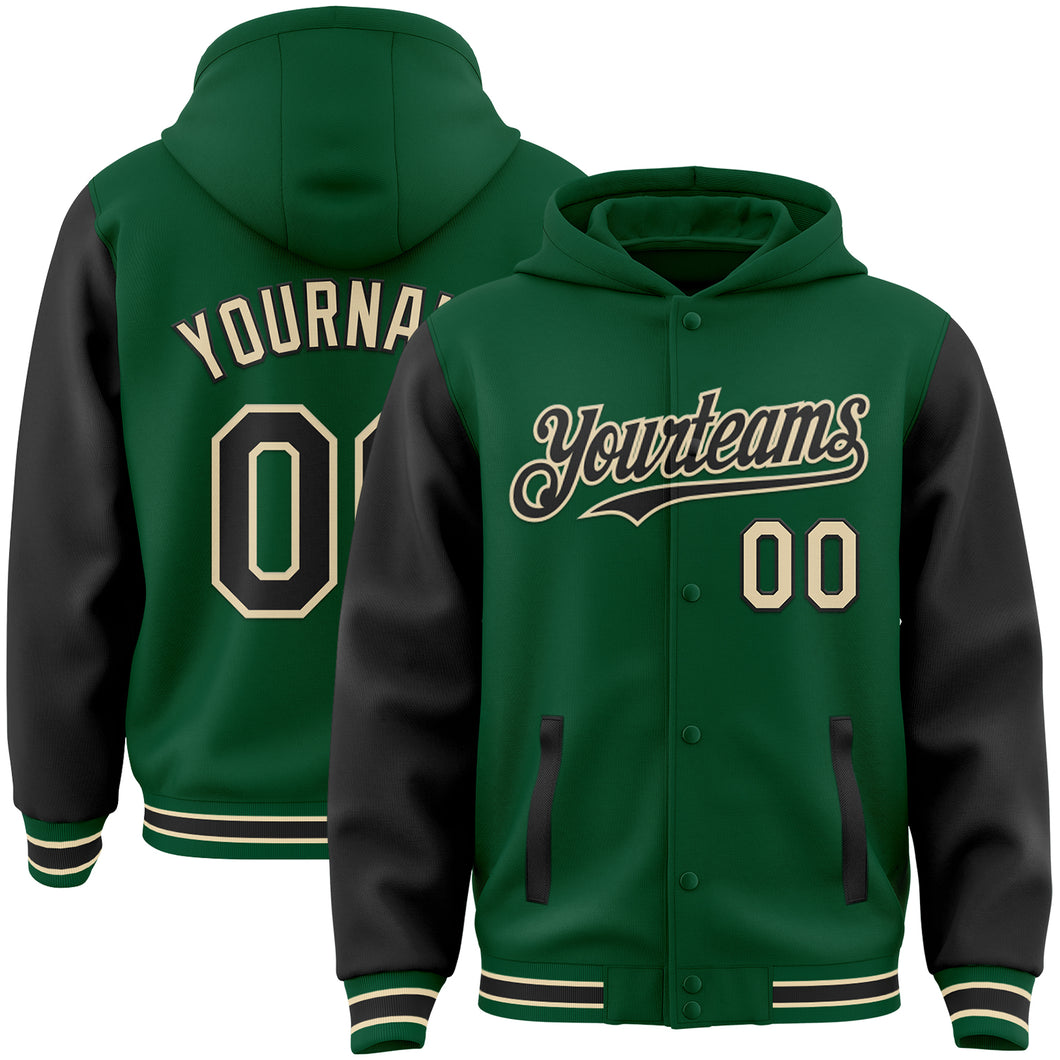 Custom Kelly Green Black-Cream Bomber Full-Snap Varsity Letterman Two Tone Hoodie Jacket