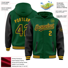 Load image into Gallery viewer, Custom Kelly Green Black-Gold Bomber Full-Snap Varsity Letterman Two Tone Hoodie Jacket
