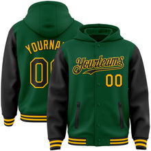 Charger l&#39;image dans la galerie, Custom Kelly Green Black-Gold Bomber Full-Snap Varsity Letterman Two Tone Hoodie Jacket
