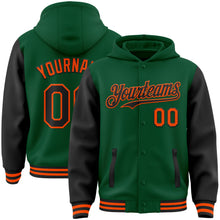 Загрузить изображение в средство просмотра галереи, Custom Kelly Green Black-Orange Bomber Full-Snap Varsity Letterman Two Tone Hoodie Jacket
