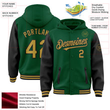 Загрузить изображение в средство просмотра галереи, Custom Kelly Green Old Gold-Black Bomber Full-Snap Varsity Letterman Two Tone Hoodie Jacket
