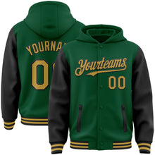 Загрузить изображение в средство просмотра галереи, Custom Kelly Green Old Gold-Black Bomber Full-Snap Varsity Letterman Two Tone Hoodie Jacket
