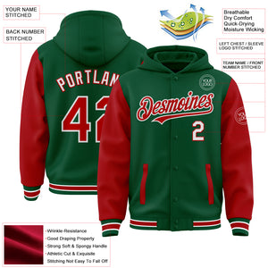 Custom Kelly Green Red-White Bomber Full-Snap Varsity Letterman Two Tone Hoodie Jacket