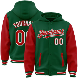 Custom Kelly Green Red-White Bomber Full-Snap Varsity Letterman Two Tone Hoodie Jacket