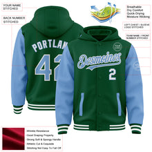 Charger l&#39;image dans la galerie, Custom Kelly Green Light Blue-White Bomber Full-Snap Varsity Letterman Two Tone Hoodie Jacket
