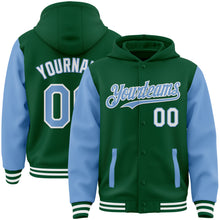 Charger l&#39;image dans la galerie, Custom Kelly Green Light Blue-White Bomber Full-Snap Varsity Letterman Two Tone Hoodie Jacket
