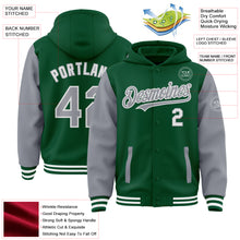 Charger l&#39;image dans la galerie, Custom Kelly Green Gray-White Bomber Full-Snap Varsity Letterman Two Tone Hoodie Jacket
