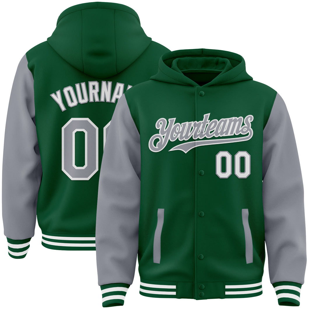 Custom Kelly Green Gray-White Bomber Full-Snap Varsity Letterman Two Tone Hoodie Jacket