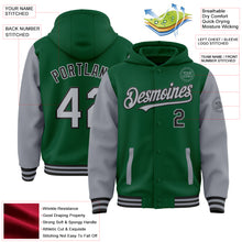 Load image into Gallery viewer, Custom Kelly Green Gray-Black Bomber Full-Snap Varsity Letterman Two Tone Hoodie Jacket
