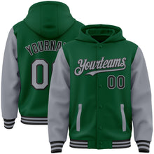 Load image into Gallery viewer, Custom Kelly Green Gray-Black Bomber Full-Snap Varsity Letterman Two Tone Hoodie Jacket
