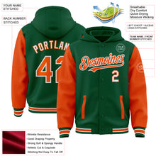 Charger l&#39;image dans la galerie, Custom Kelly Green Orange-White Bomber Full-Snap Varsity Letterman Two Tone Hoodie Jacket
