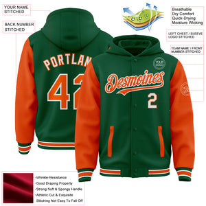 Custom Kelly Green Orange-White Bomber Full-Snap Varsity Letterman Two Tone Hoodie Jacket