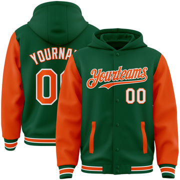 Custom Kelly Green Orange-White Bomber Full-Snap Varsity Letterman Two Tone Hoodie Jacket