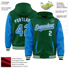 Charger l&#39;image dans la galerie, Custom Kelly Green Powder Blue-White Bomber Full-Snap Varsity Letterman Two Tone Hoodie Jacket
