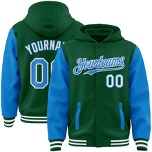 Charger l&#39;image dans la galerie, Custom Kelly Green Powder Blue-White Bomber Full-Snap Varsity Letterman Two Tone Hoodie Jacket
