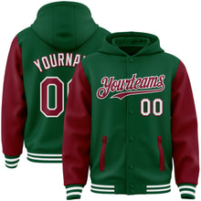 Загрузить изображение в средство просмотра галереи, Custom Kelly Green Crimson-White Bomber Full-Snap Varsity Letterman Two Tone Hoodie Jacket
