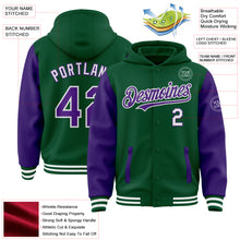 Laden Sie das Bild in den Galerie-Viewer, Custom Kelly Green Purple-White Bomber Full-Snap Varsity Letterman Two Tone Hoodie Jacket
